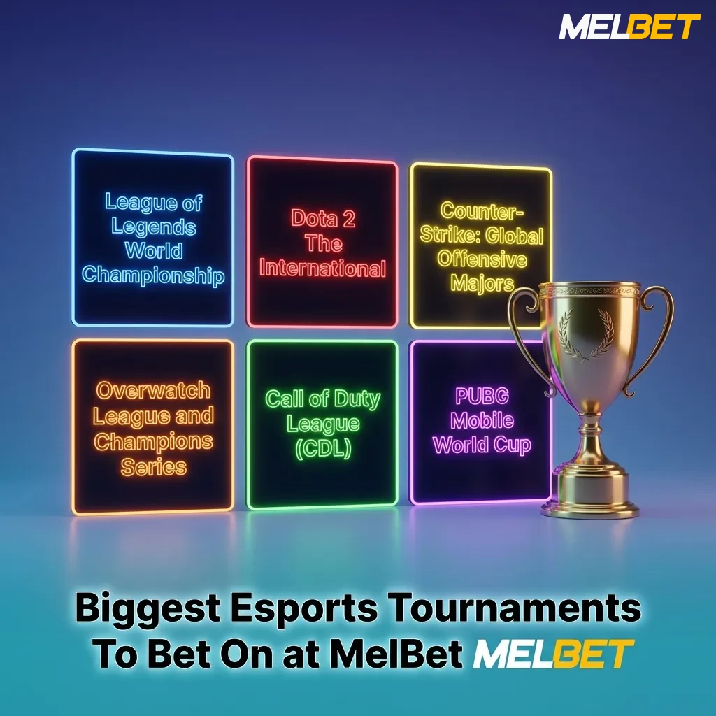 Major esports tournaments including Dota 2, CS2, League of Legends, and Valorant championships available for betting at MelBet