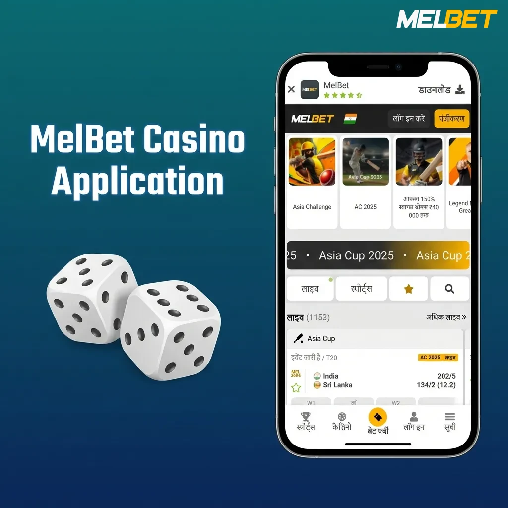 MelBet Casino app interface showing slots, live dealer games, table games, jackpots, and crash games available to players