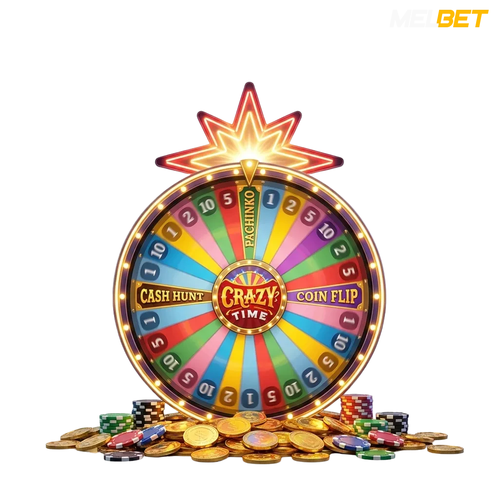Professional host spinning Crazy Time wheel with colorful segments and multipliers on MelBet casino platform