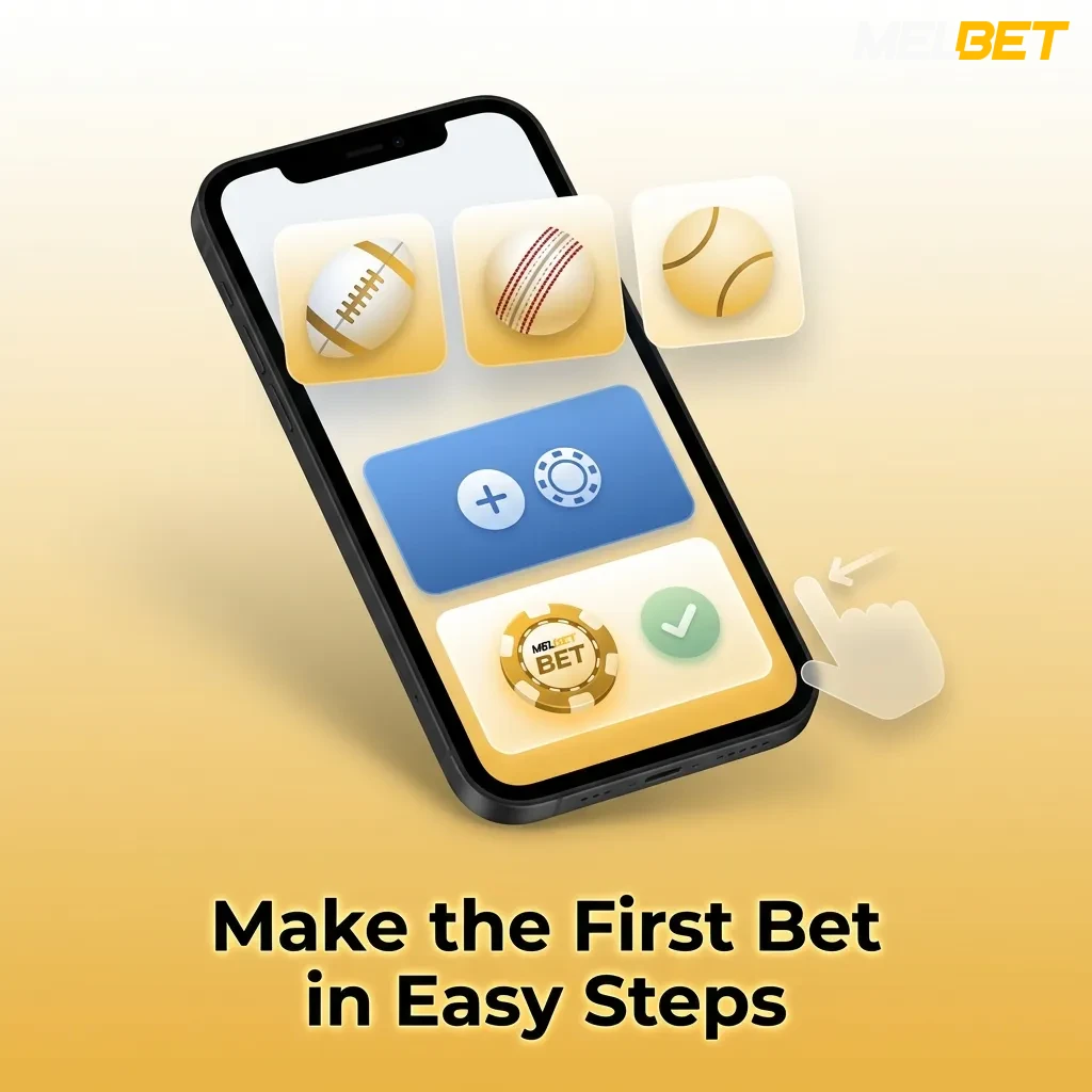 Step-by-step guide showing how to place your first bet on MelBet: login, select sport, choose odds, enter stake, confirm bet.