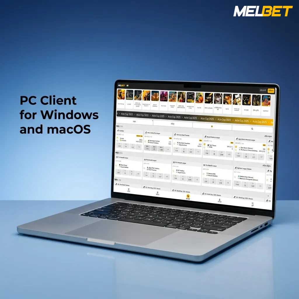 MelBet website interface on desktop computer showing betting platform accessible via web browser on Windows and macOS