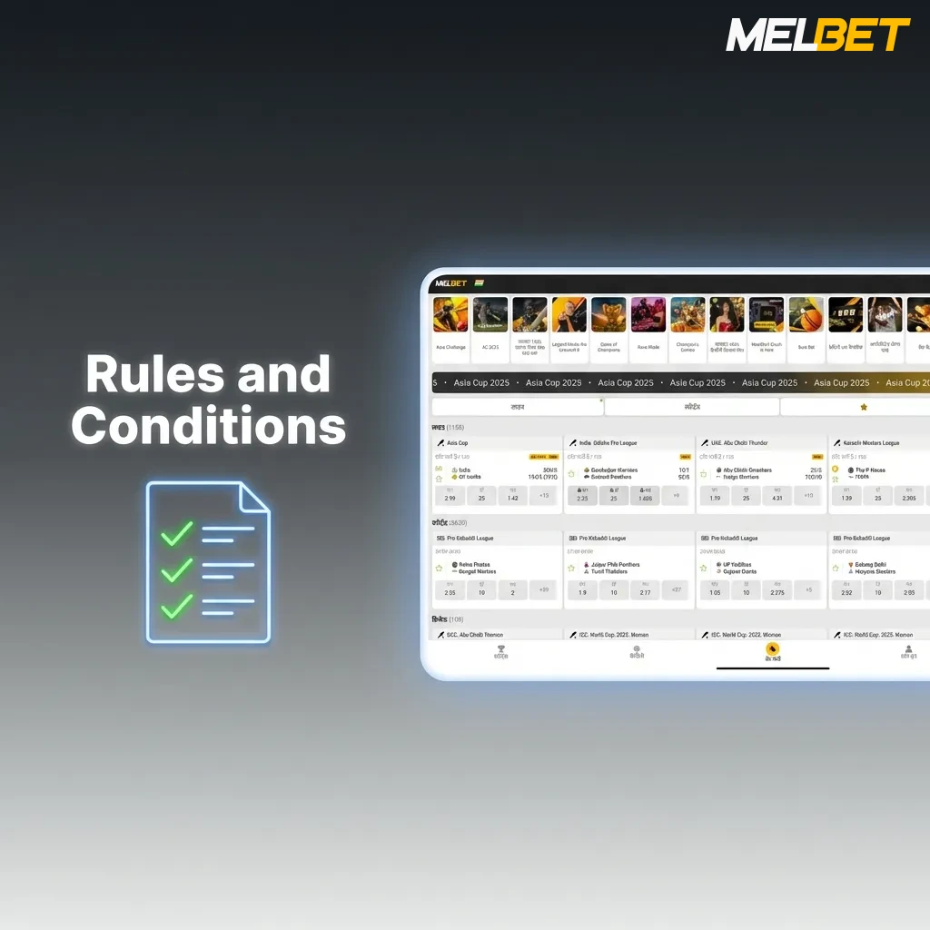 MelBet rules overview: age 18+, one account per user, ID verification required, bonus terms apply, technical error voids