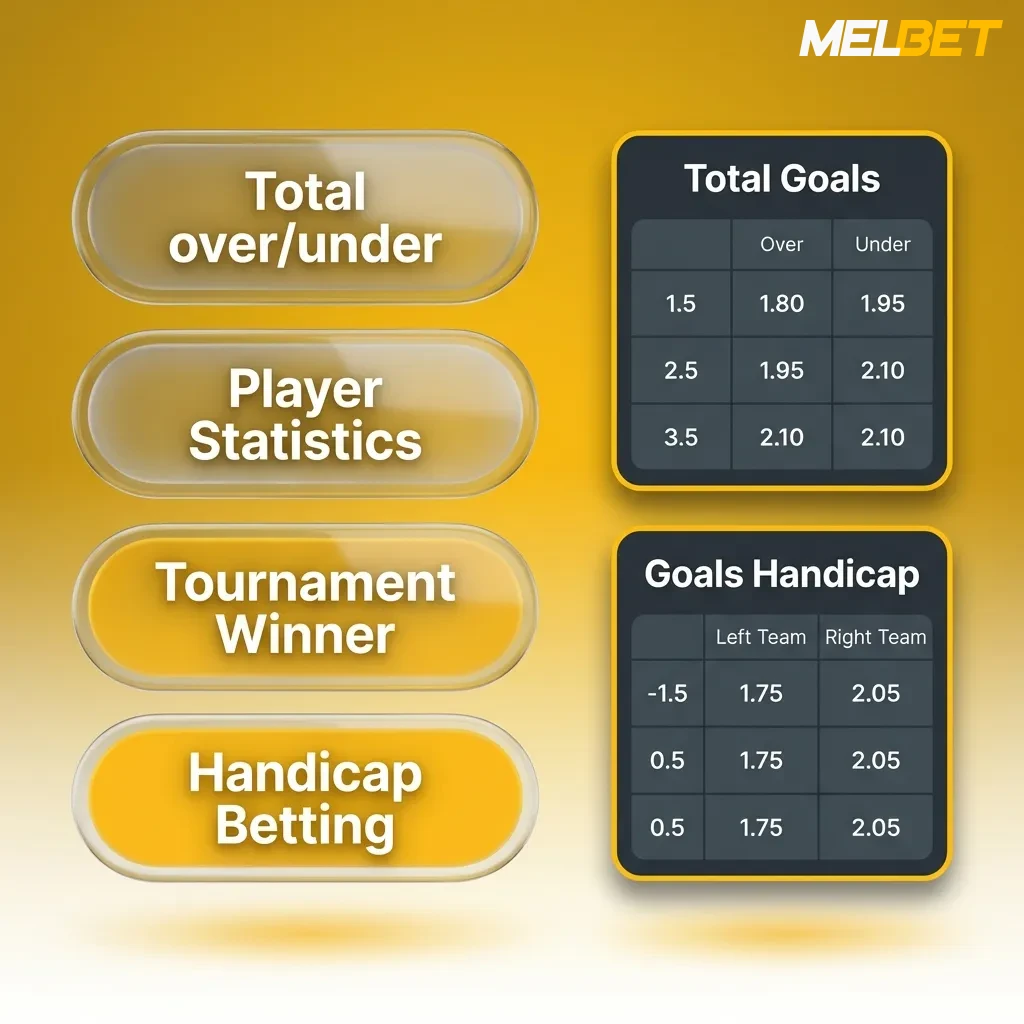 MelBet betting types: Single bets for safety, System bets for partial coverage, and Parlay/Accumulator for higher returns.
