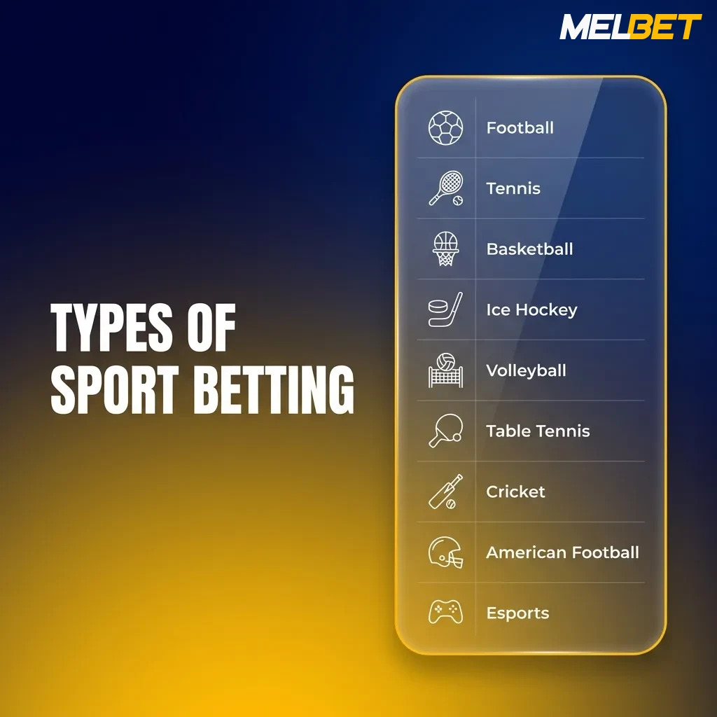 MelBet sports betting options including cricket, football, kabaddi, and tennis with various leagues and tournaments