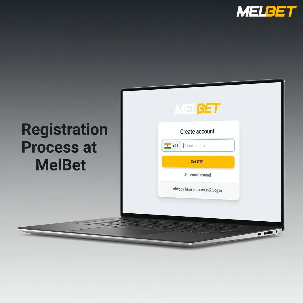 MelBet registration guide showing five-step account creation process including sign-up button, method selection, and verification