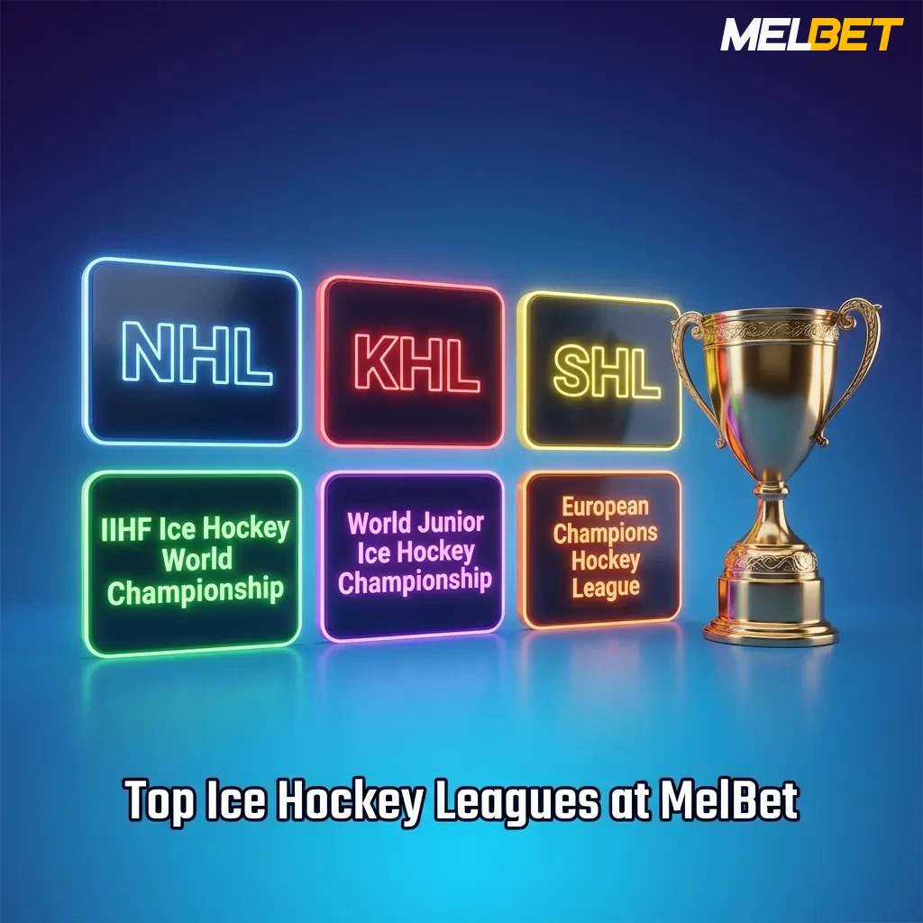 MelBet ice hockey betting featuring NHL, KHL, SHL, and international tournaments with comprehensive league coverage options