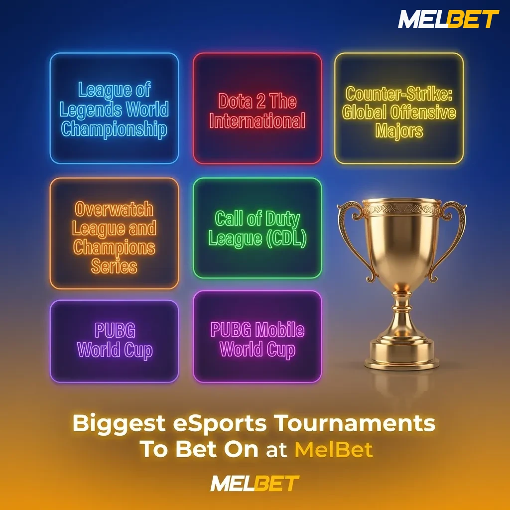 Table showing major eSports tournaments for betting including Dota 2, CS2, League of Legends, Valorant, and other games