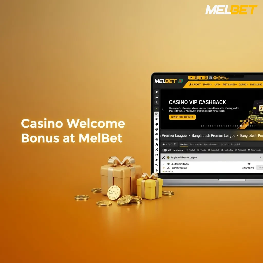MelBet Casino welcome bonus offer showing 450% match up to 315,000 BDT plus 250 free spins for Bangladesh players