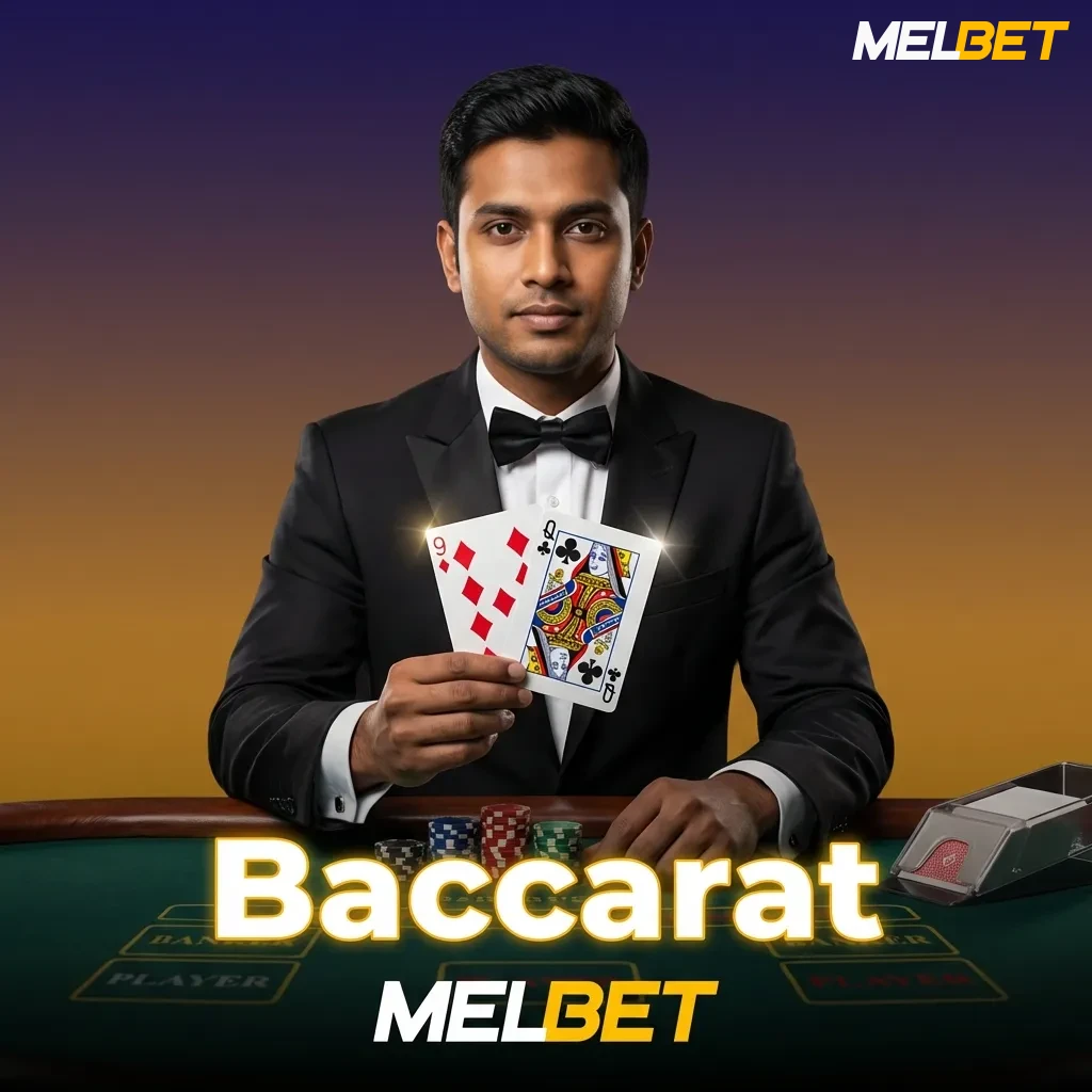 Baccarat card game table showing Player, Banker, and Tie betting options with dealer managing cards