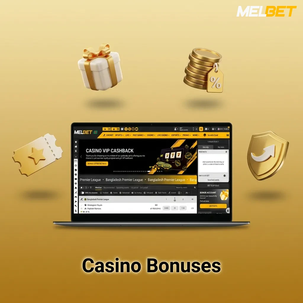 MelBet casino bonuses including weekly free spins, slot reload, live cashback, jackpot booster, and birthday rewards