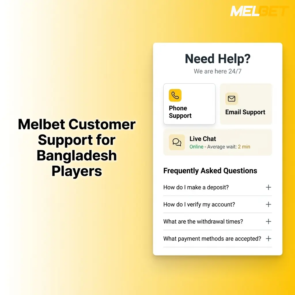 Melbet customer support channels for Bangladesh players including live chat, email, Telegram, and FAQ options