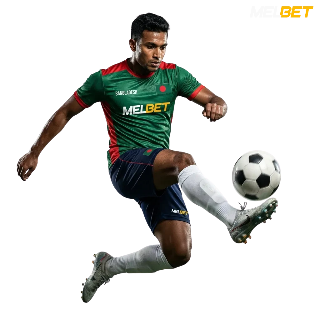 MelBet football betting platform showing international leagues and live matches with welcome bonus offer in Bangladesh