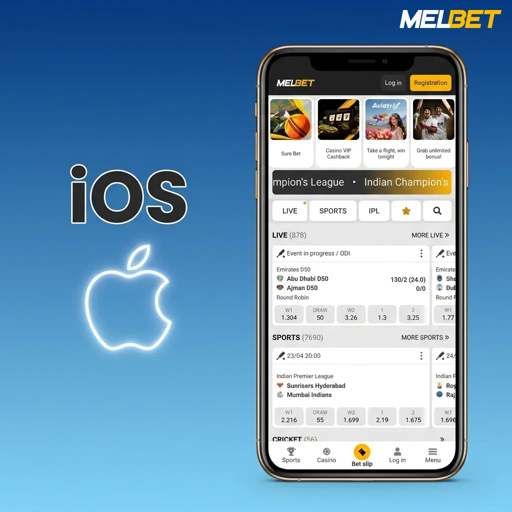 MelBet iOS app download guide showing 5 steps from App Store installation to login for iPhone and iPad users