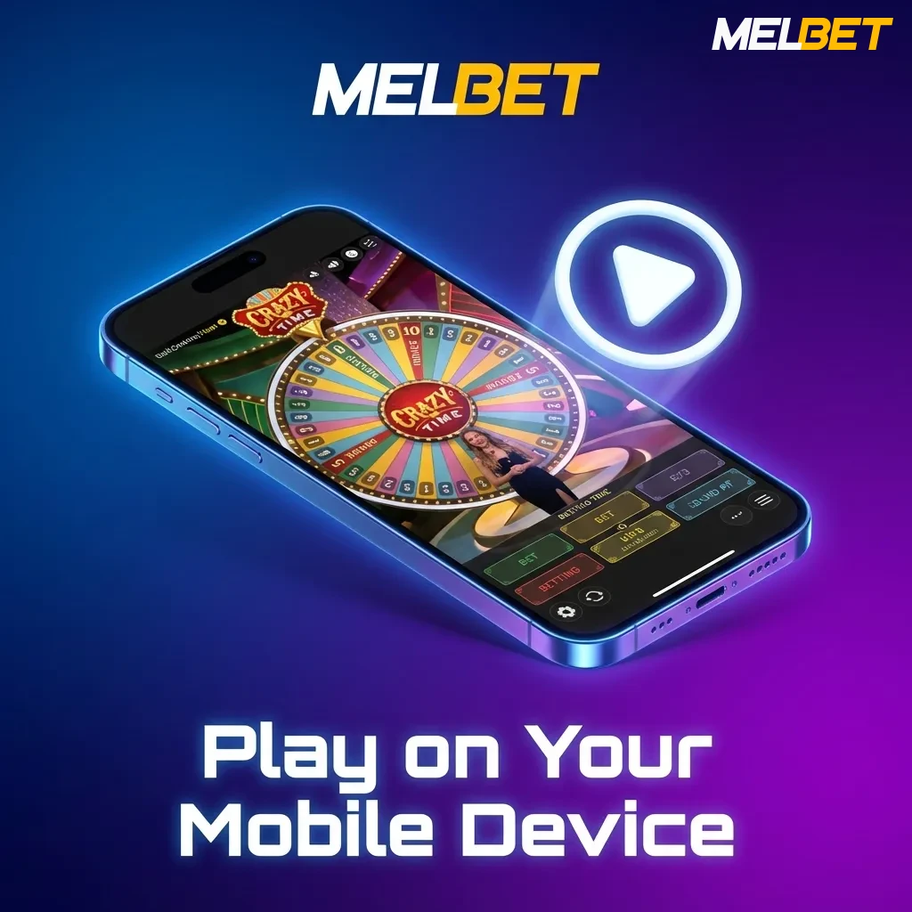 MelBet mobile app interface showing Crazy Time game on smartphone with betting options and HD streaming capabilities
