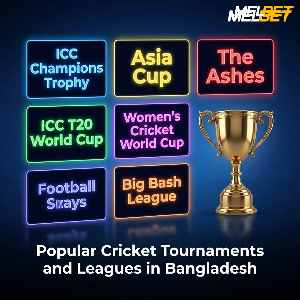 Cricket tournaments betting options on MelBet including World Cup, IPL, T20 leagues, and Bangladesh Premier League