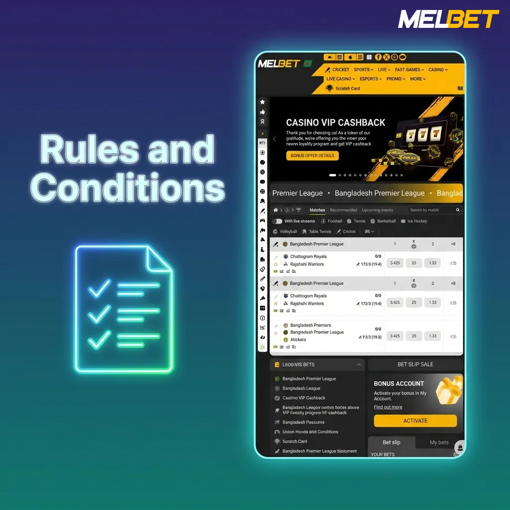 MelBet terms and conditions overview showing age requirements, account rules, and verification policies