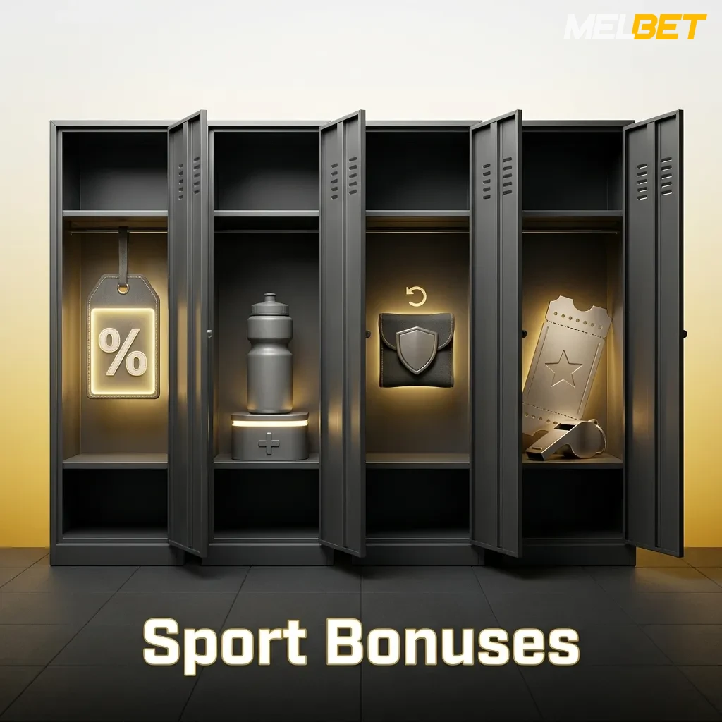 MelBet sport bonuses including accumulator boosts, cricket bet insurance, live cashback, esports free bets, and football offers