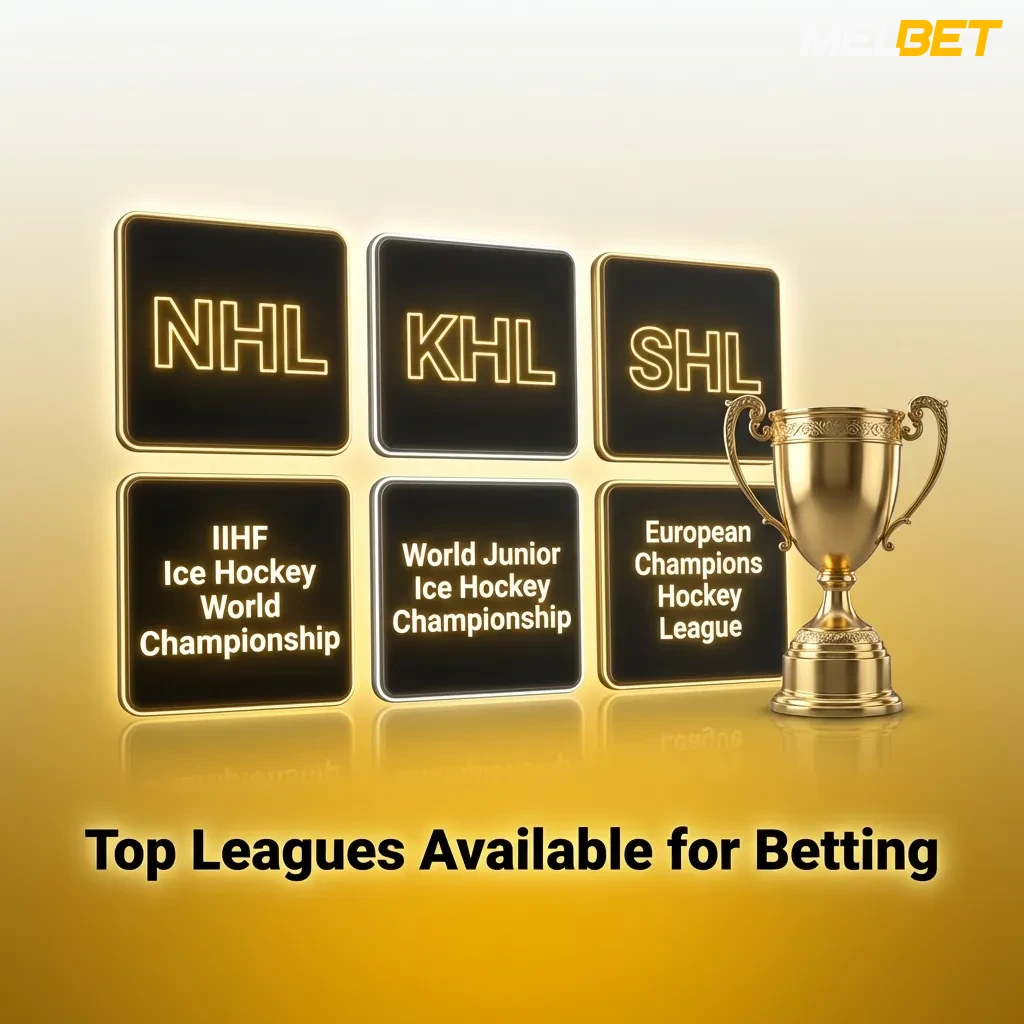 Ice hockey betting leagues display showing NHL, KHL, European championships, and international tournament options