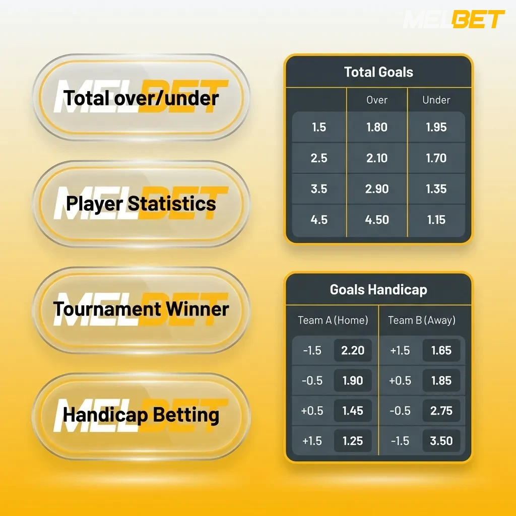 MelBet betting options: Single bets for beginners, System bets for partial payouts, and Parlays for high-risk rewards.