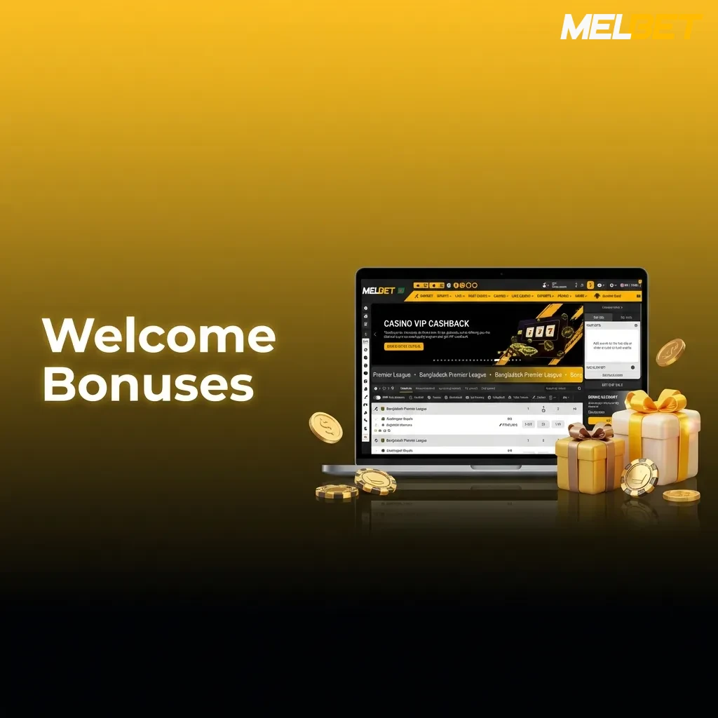 MelBet welcome bonus table showing casino, sports, and live casino offers with deposit amounts and wagering requirements
