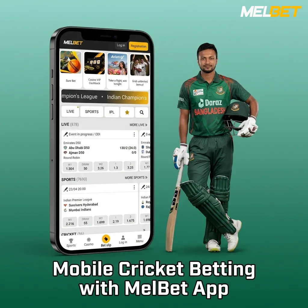 MelBet mobile app interface showing cricket betting options, live scores, and account features on smartphone screen