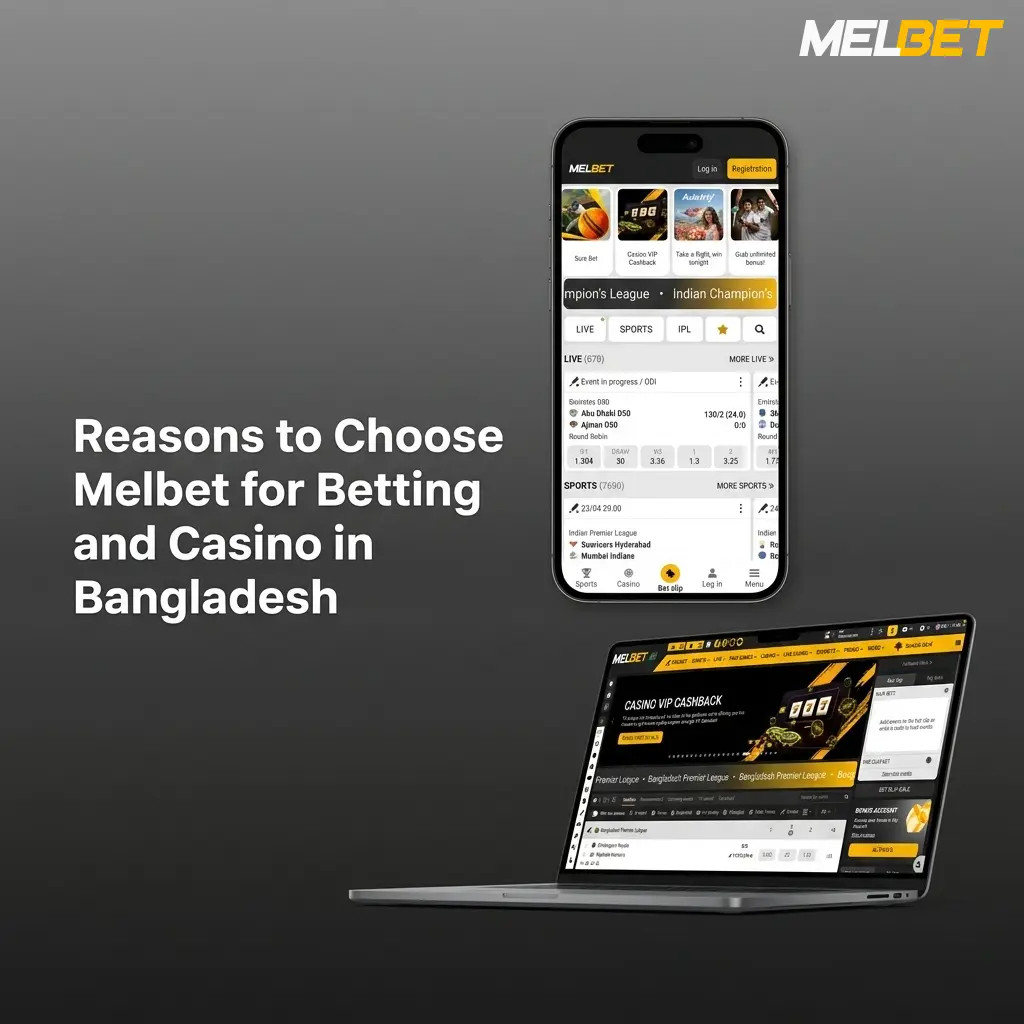 Melbet Bangladesh platform showing sports betting markets, casino games, bKash payments, and Bangla support features