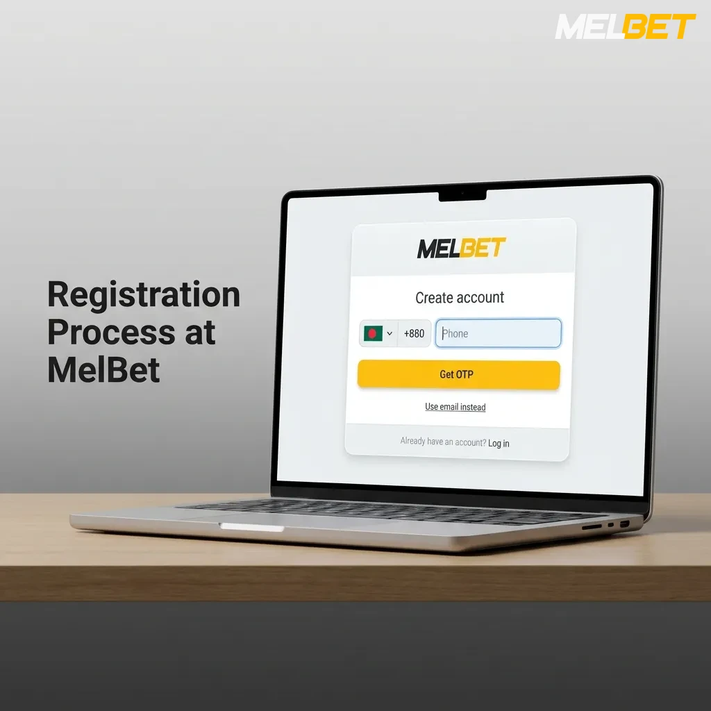MelBet registration guide showing five simple steps to create an account for sports betting and casino games