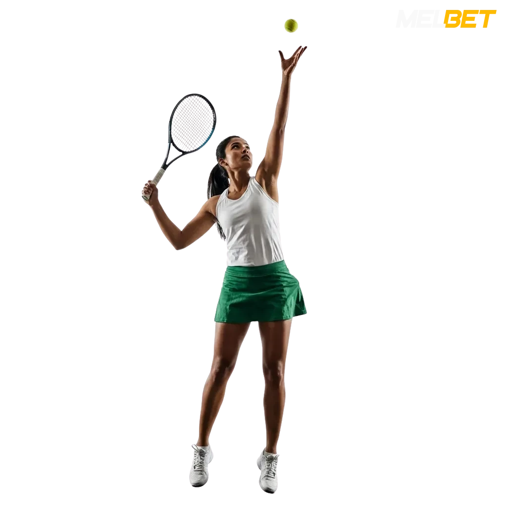 Tennis player mid-serve at MelBet Bangladesh with live betting odds displayed on screen