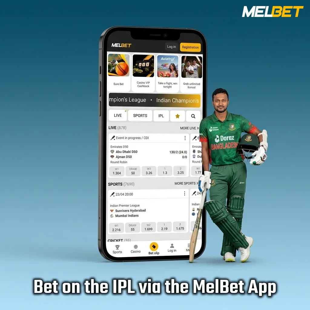 MelBet mobile app interface showing IPL cricket betting markets and live odds on smartphone screen