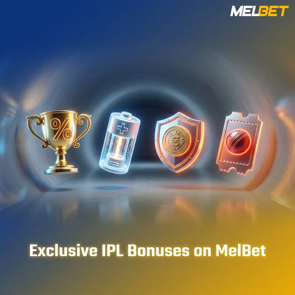 MelBet IPL welcome bonus offer showing 100% match up to 10,000 BDT for new players with wagering requirements