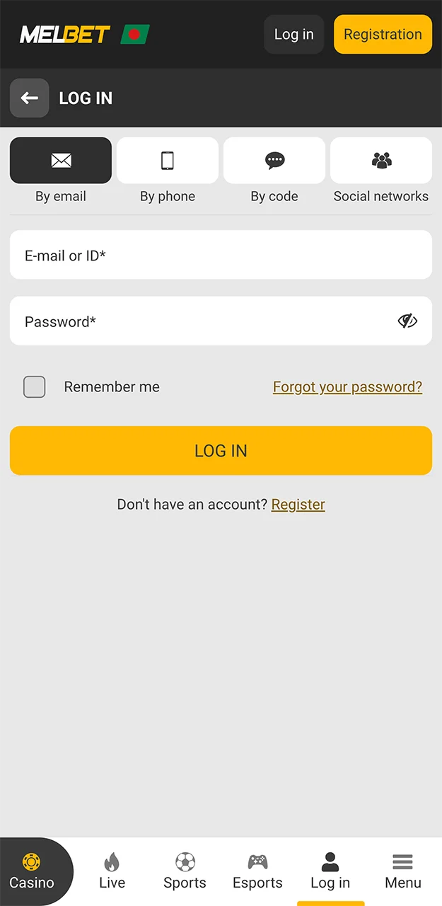 Use your email address to log in quickly to the Melbet website.